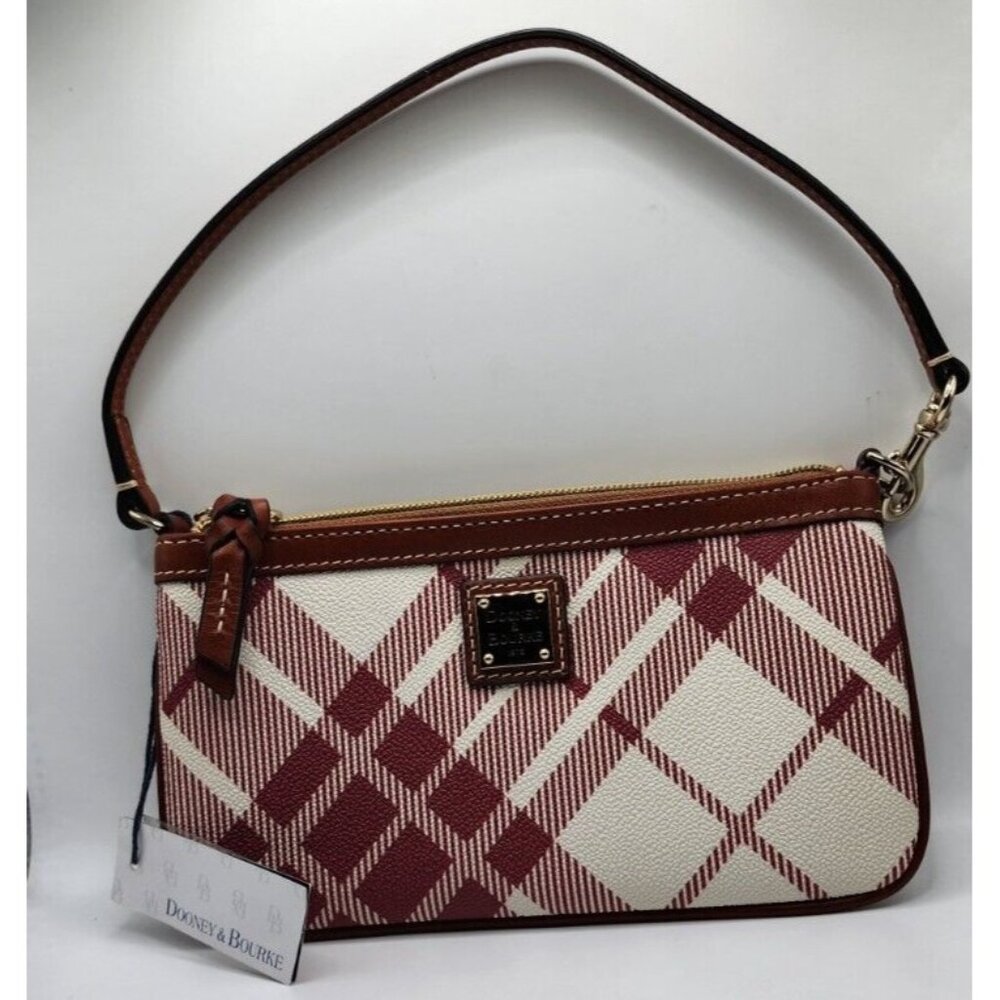 Rare New Dooney & Bourke Cranberry Red Ivory Plaid Wristlet Handbag Gold…